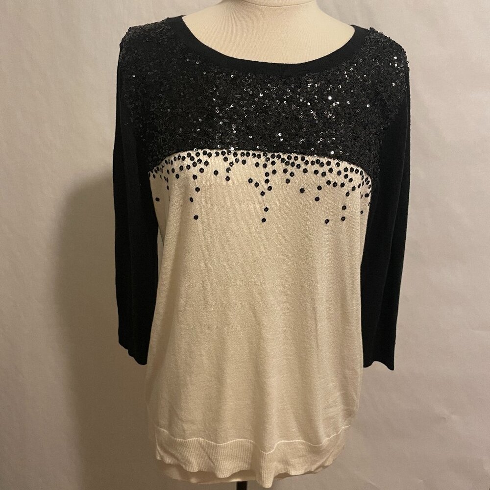 Mossimo Black and Cream Sweater with Black Sequins Women's Size Large